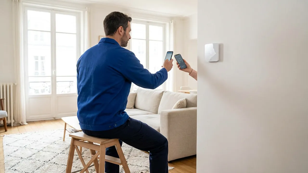 Thermostat connecté installé au mur d'un salon parisien pour piloter la chaudière